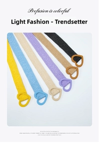 Detail of woven straw belts with heart-shaped buckles in six assorted pastel colors
