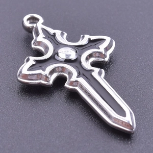 Detailed 45-degree view of a Gothic cross and sword pendant in silver and black finish