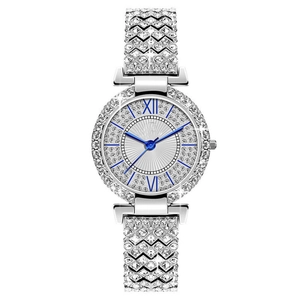 Macro view of silver luxury watch featuring full crystal inlay and blue Roman numerals