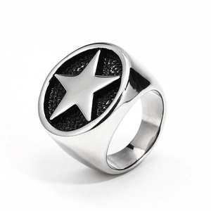 Vintage stainless steel pentagram signet ring for men with polished finish and star relief