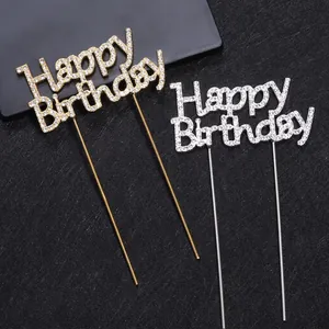Happy Birthday Cake Topper Metal Alloy Rhinestone Sparkling Glitter Anniversary Celebration Party Decoration Elegant