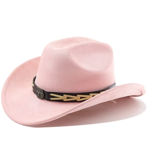 Detailed view of pink suede cowboy hat featuring a leather band and metal bull head buckle