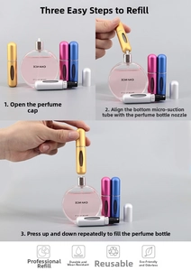 Three-step visual guide showing how to fill the 5ml portable refillable perfume atomizer
