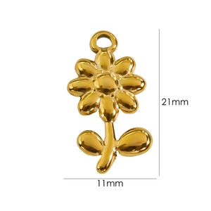 Polished 14K gold plated stainless steel flower pendant charm measuring 21mm by 11mm