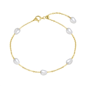 Élégant bracelet en argent 925 plaqué or 14K avec six perles blanches sur fond blanc pur