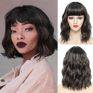 Short wavy bob wig with bangs in dark brown, multiple views of natural synthetic hair