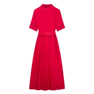 Detail view of red shirt dress back with a collared neck and matching fabric waist belt