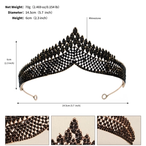 Detail showing dimensions and material specifications for the black rhinestone tiara