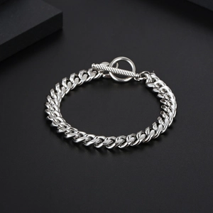 Titanium Steel Cuban Link Bracelet For Men Silver Polished Metal Chain Jewelry With T-Bar OT Clasp Minimalist Accessories