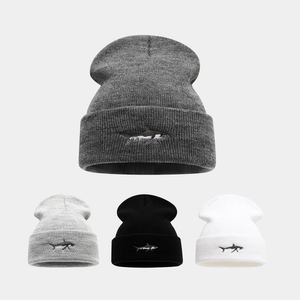 Bonnet En Tricot Avec Broderie Requin Acrylique Revers Chaud Bonnet D'Hiver Décontracté Sport Mode Homme Femme
