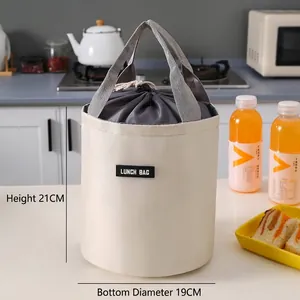 Insulated cylindrical lunch bag in beige and grey with drawstring closure, 21x19cm size