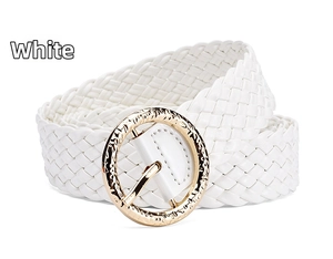 Detail of white woven belt featuring a vintage gold hammer-textured round metal buckle