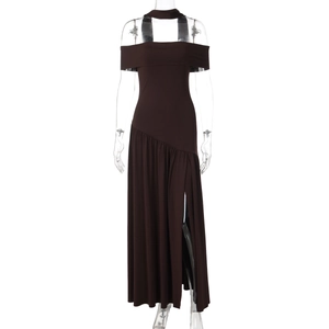 Detail of dark brown off-shoulder maxi dress with high side slit and neck strap