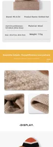 Detailed macro view showing wool texture and size specifications of winter knit beanie hat