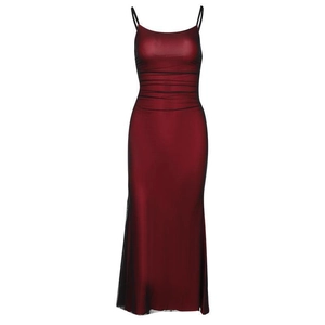 Slim fit burgundy and black mesh layered spaghetti strap maxi dress for women