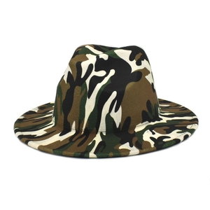 Detail shot of the camouflage wool fedora showing the wide brim and camo print texture