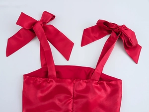 Détail de robe en satin rouge avec des rubans d'épaule réglables et texture lisse
