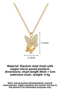 Detailed dimensions of gold double butterfly pendant necklace with zircon stones