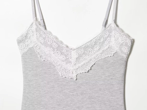 Detailaufnahme des grauen Stricktops mit feiner weißer Spitzenverzierung am V-Ausschnitt