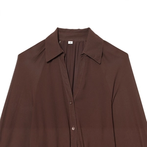 Deep brown pleated midi dress with collar detail and button-up front in high quality fabric