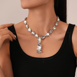 Teardrop Rectangle Rhinestone Statement Necklace Luxury Silver Tone Exaggerated Choker For Women Wedding Party Jewelry