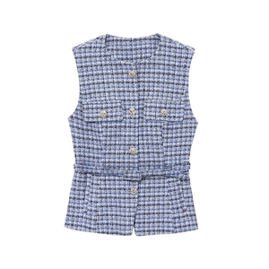 Detail of blue tweed vest with silver buttons and matching plaid belt