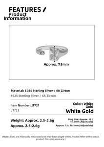Detail of S925 sterling silver open ring featuring a 7.5mm rectangular zircon stone