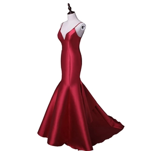 Elegant deep red satin mermaid evening gown with spaghetti straps and a long train