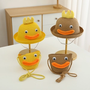 Ensemble chapeau de paille et sac bandoulière pour enfants avec motif cartoon mignon