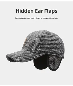 Detail view of winter baseball cap with hidden ear protection and warm fleece lining