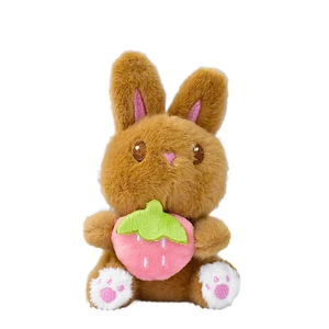 Cute brown plush rabbit keychain pendant holding a pink strawberry toy charm