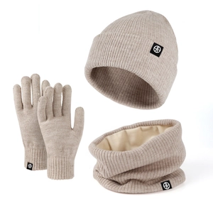 Winter 3-piece set with knitted hat, fleece scarf, and gloves in beige and light coffee