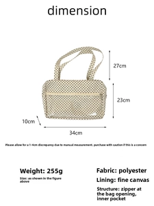 Polka dot canvas tote bag dimensions showing size measurements and handle height details