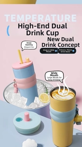 Detail of dual-mode drink lid with straw and wide mouth on a thermal coffee mug