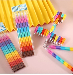 Detailed view of rainbow-colored stackable pencils in 4-piece packaging for children