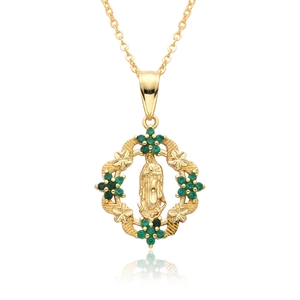 18K gold plated Virgin Mary pendant necklace with emerald green crystals and flowers