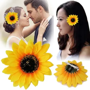 Realistic sunflower hair clip with yellow petals and metal duckbill clip for seaside vacation