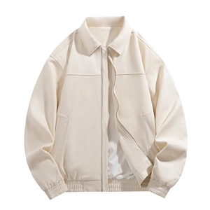 Men's vintage beige faux leather jacket with turn-down collar and zip-up front