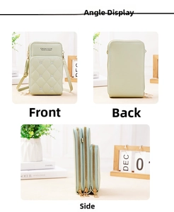 Three-view detail of pale green crossbody phone bag with quilted butterfly pattern