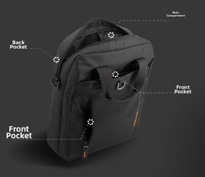 Detail view of the multi-compartment interior and waterproof fabric of this black briefcase