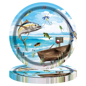 Detail of pink Christmas party paper plates with vibrant fishing theme and blue marlin art