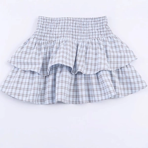 Light blue plaid tiered ruffle skirt for girls with comfortable elastic high waistband