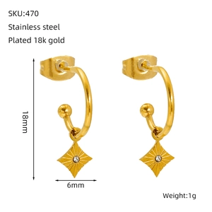 Detail view of 18k gold plated stainless steel star hoop earrings with dimensions and weight