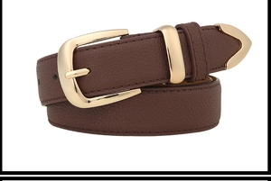 Detail of brown litchi pattern leather belt with polished gold pin buckle and metal tip