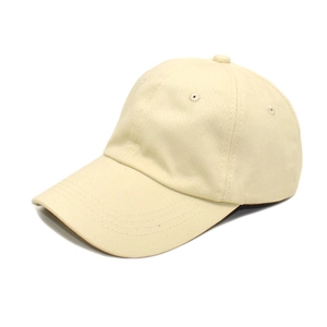Detailed close-up of a cream cotton baseball cap with reinforced stitching and ventilation eyelets