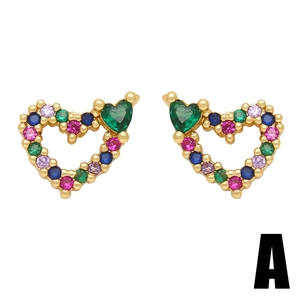 Golden heart stud earrings with multi-color zircon stones and emerald centerpiece
