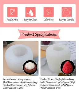 Dettaglio degli stampi in silicone per candele 3D con texture di fragola e mangostano