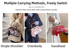 Detailed embroidery floral patterns and bamboo handles on elegant vintage chain bags