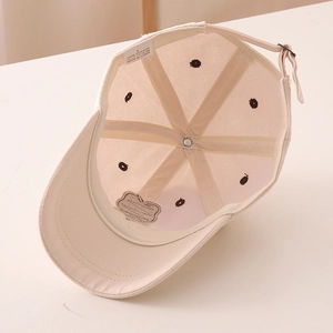 Detail view of cotton baseball cap interior featuring reinforced seams and metal buckle