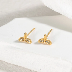 Elegant 18K gold plated whale tail stud earrings with sparkling cubic zirconia stones